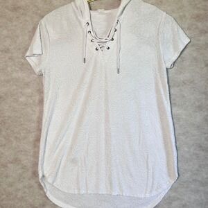 Time and‎ Tru Womens XL White Lace Up Hooded Tunic Top Short Sleeve